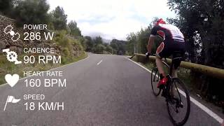 Puig Major Mallorca full climb 47 minutes roundabout to tunnel with power overlay