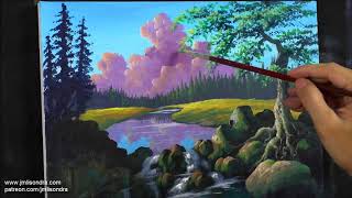 Acrylic Landscape Painting in Time-lapse / Tree Near the Small Waterfall / JMLisondra