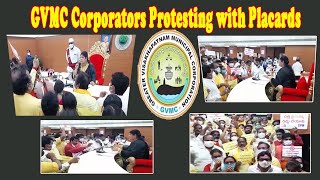 GVMC Council Meeting Opposition Corporators protesting with placards in Visakhapatnam by VizagVision