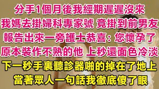 分手1個月後我經期遲遲沒來，我媽去掛婦科專家號，竟掛到前男友。報告出來一旁護士恭喜：您懷孕了！原本裝作不熟的他，上秒還面色冷淡，下一秒手裏聽診器啪的掉在了地上，當著眾人一句話我徹底傻了眼。 | 甜寵