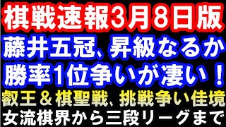 【棋戦速報3月8日版】藤井聡太五冠、順位戦A級昇級なるか?伊藤匠四段との壮絶勝率1位争いから対局予定、羽生善治九段のNHK杯、女流棋戦～三段リーグまで総まとめ