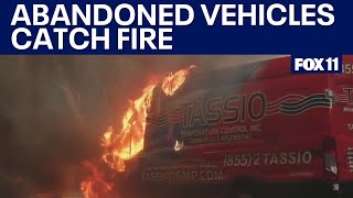 Flames engulf abandoned vehicles in Palisades