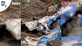 獨家》尖石鄉錦屏野溪溫泉山壁滑落 1男子疑遭活埋搶救中(讀者提供)