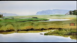 Watercolor painting a beautiful salt marsh with distant islands