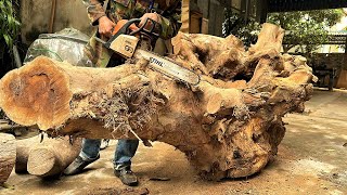 Largest Rustic Monolithic Table From Old Rare Giant Tree Stump // Extremely Heavy Woodworking Skills