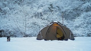 Winter camping in a hot tent on a snowy day with your dog ASMR