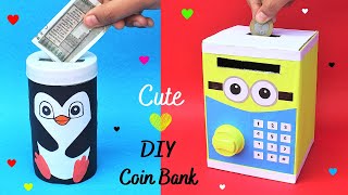 How to make Coin Bank with Cardboard box & Plastic Container/Best out of Waste/DIY 2 Cute Piggy Bank
