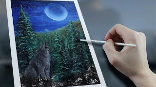 Big MOON and howling WOLF | Oil painting in Time-lapse