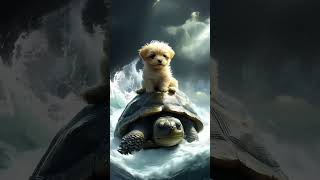 A puppy on top of a giant turtle in a stormy ocean. #friendship #puppy #turtle #courage #friends