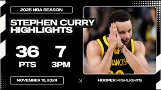 NBA 24-25 常規賽 Stephen Curry 36分 7三分 vs 奧克拉荷馬城雷霆 精華 2024/11/11