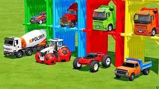 GARAGE OF COLORS !TRANSPORTING POLICE CAR, , BUS, TRACTOR WITH  TRUCKS ! Farming Simulator 22 !
