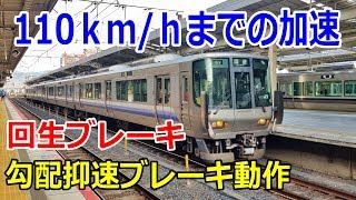 223系2500番代 110ｋｍ/ｈまでの加速とブレーキ、勾配抑速ブレーキ 電気指令式空気ブレーキ 回生ブレーキ ＶＶＶＦインバーター制御（ＩＧＢＴ）） 【鉄道 速度計 台車】