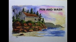 Pen and wash,coast scene,Great for beginner watercolor painting and line Nil Rocha
