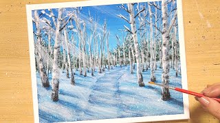 How to draw [Snow walking path] with acrylic paint/Birch and sunlight/for beginners / Step by step