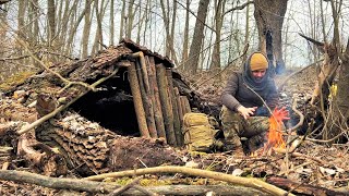 Building Complete and Warm Survival Shelter, Bushcraft Wooden Hut, Bark Roof and Stone Fireplace