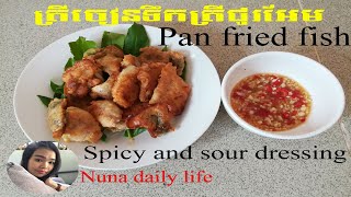 Fried fish with spicy and sour dressing(Khmer dish).ត្រីចៀនម្សៅទឹកត្រីជូរអែម។