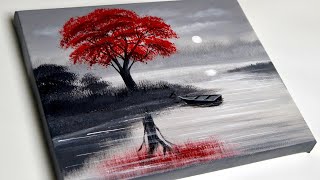 Black and White Landscape Painting | Red Tree | Easy Painting for Beginners