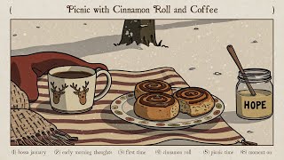 picnic with cinnamon roll and coffee, sunday morning with positive jazz