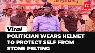 Viral video: Politician Ajay Chandrakar wears cricket helmet to protect himself from stone pelting