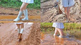 White socks and white high top boots wet and muddy(101)(Full video 31min 35sec)