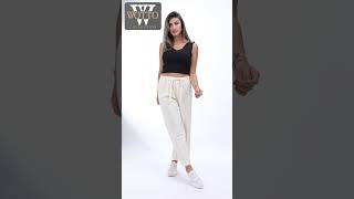 W00010244 - Kadın Krem Geniş Paça Beli Bağcıklı Pantolon