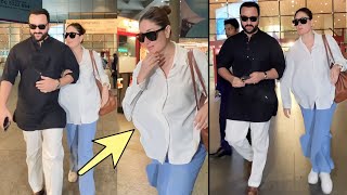 3rd Time Pregnant Kareena Kapoor Massive Baby Bump with Husband Saif ali khan at airport