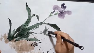 Traditional ink wash painting of Iris flower