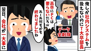 俺しか社内システムを開発できないのにそれを知らずに部長「どうせ高卒はパソコン操作できないだろw」とデータを勝手に全て削除。その翌日、会社が一大事に…【2ch修羅場スレ・ゆっくり解説】