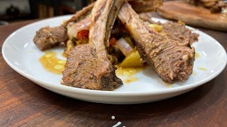 دنده گوسفندی کباب شده به همراه سبزیجات کبابی با نواب - lamb ribs bbq with vegetables by navab