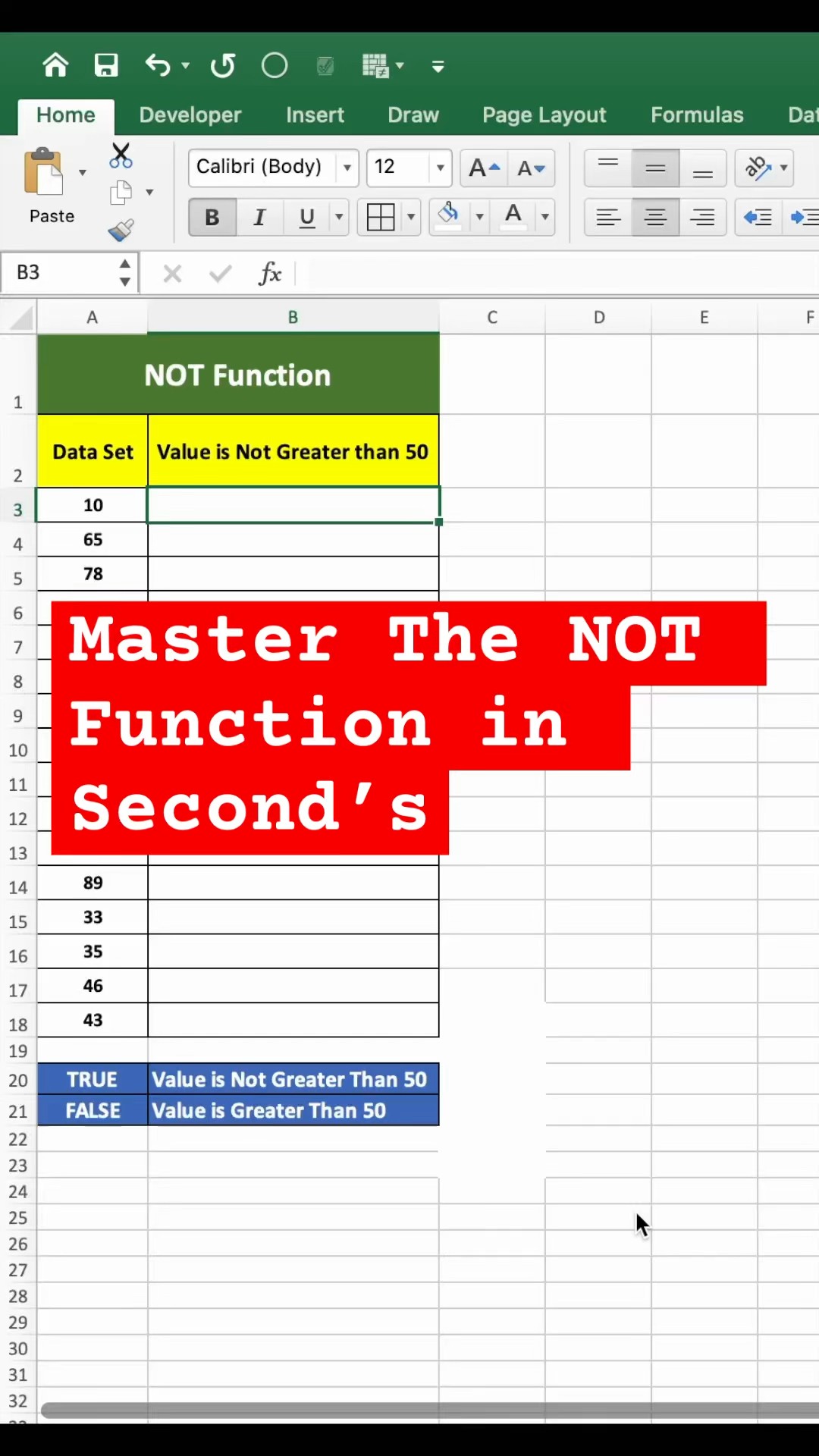 Excel for Beginners: NOT function in Excel Explained interview questions #shorts #excel