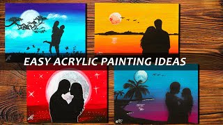 MoonLight Couple Acrylic Painting | 4 Easy Night Scenery Painting Ideas | Valentine Romantic
