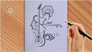 new simple drawing of love with guitar and heart | how to draw with pencil