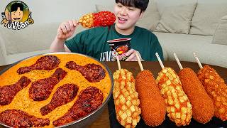 ASMR MUKBANG 체다치즈 양념 치킨먹방! 치즈 떡볶이 명랑핫도그 CRISPY FRIED CHICKEN CORN DOG EATING SOUND!