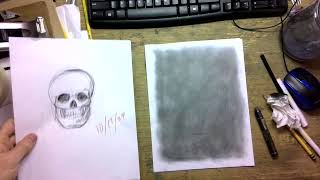 Draw a skull in graphite using tones paper technique.