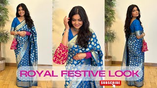 Classic Blue Banarasi Saree for Festivals 2024 | Diwali Saree Look | Diwali Outfit Inspo 2024 #saree