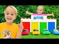 Chris and Alice play with colorful slides and toy cars