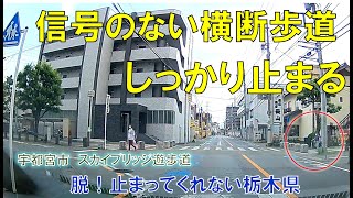 【信号のない横断歩道】安心つくる その停止 しっかり止まる サイド引き