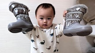 【1歳3ヶ月】冬用靴を試しに履いてみた / Our baby tries to wear new winter shoes.