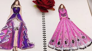 Most gorgeously illustrated pink purple embellished wedding gown dresses painting