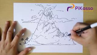 How to Draw a Volcano step by step