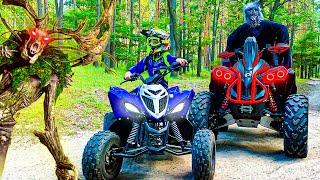 Den ride on Quad Bike and Adventure with Monsters in the forest