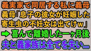 【スカッとする話】義実家で同居する私に義母「息子の彼女が妊娠したから寄生虫の不妊女は今すぐ出てけｗ」喜んで離婚した一ヶ月後 夫と義家族は全てを失い   【修羅場】