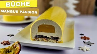 Mango Passion Log: vanilla mousse, mango passion insert, coconut biscuit, chocolate crisp