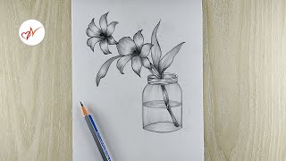 How to draw beautiful orchid flowers in a jar | Step by step pencil sketch drawing
