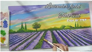 How to make Lavender Field  Tutorial for Beginners | Sunset | Acrylic  painting | Landscape