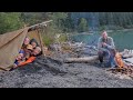 Camping in a Bushcraft Shelter with Newbies! Fishing, camping and campfire cooking in Alaska