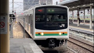 国鉄205系600番台Y4編成（湘南色・メルヘン顔）が宇都宮駅に到着するシーン（642M）2022.3.8