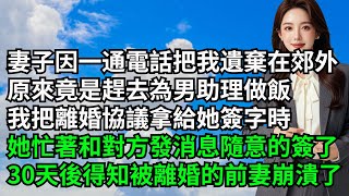 妻子因一通電話把我遺棄在郊外，原來竟是趕去為男助理做飯，我把離婚協議拿給總裁妻子簽字時，她忙著和對方發消息隨意的簽了，30天後得知被離婚的前妻崩潰了【三味時光】#激情故事#大彬情感#夢雅故事#小說#