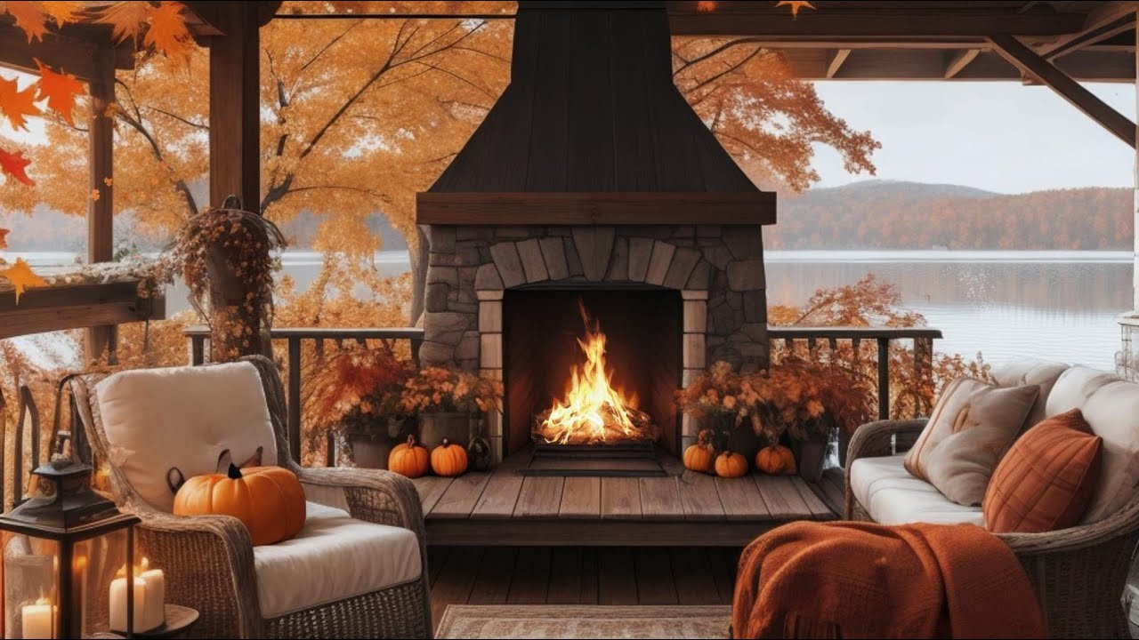 Autumn Cozy Lake House Porch Crackling Fireplace Birdsong And Nature