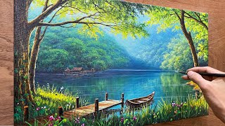 Draw a lake landscape in the forest / Acrylic landscape painting / Art painting / A Lu Art.